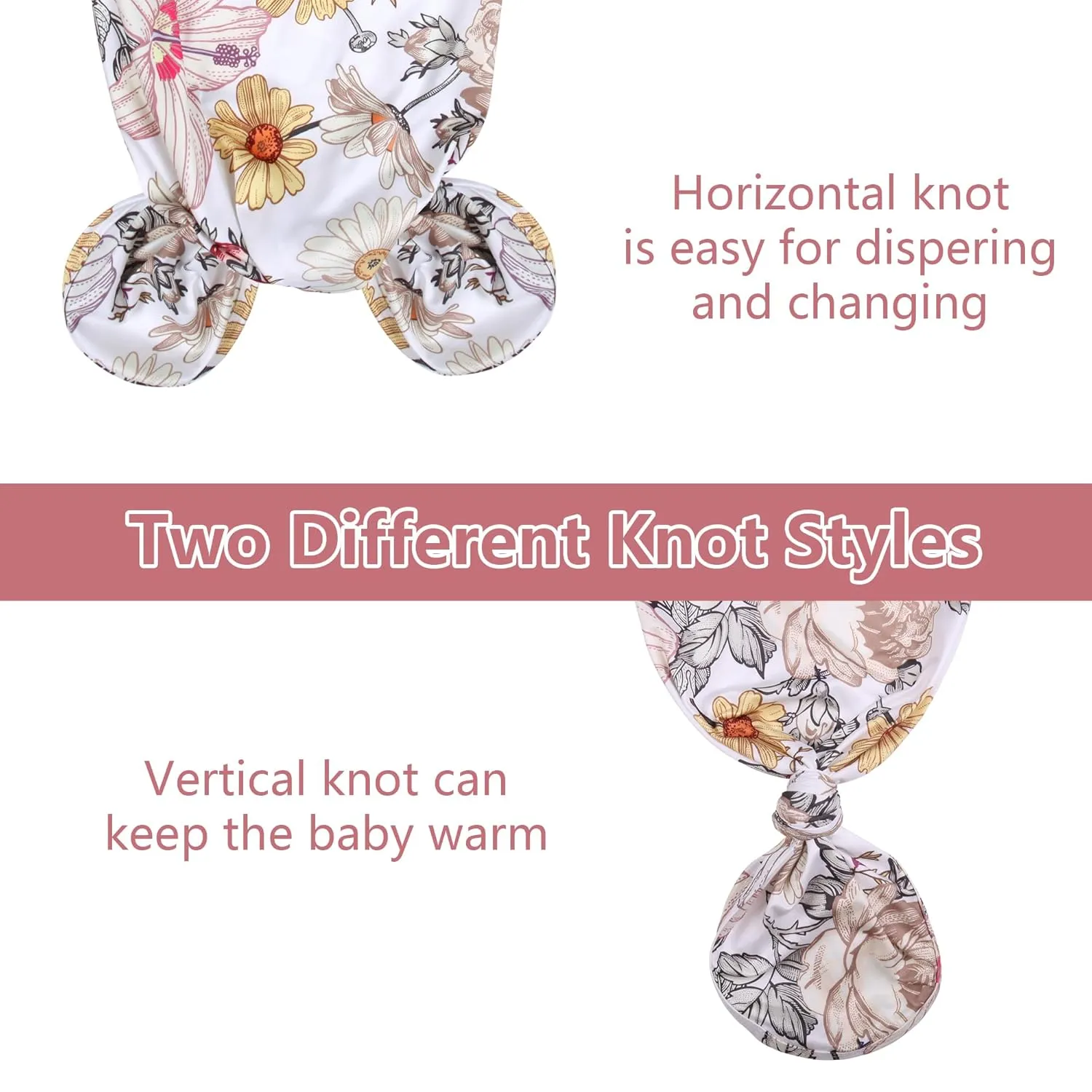 MVUOCR Newborn Baby Girl's Knotted Gowns Floral Baby Sleeper Infant Nightgowns Gift and Soft Coming Home Outfit with Hat