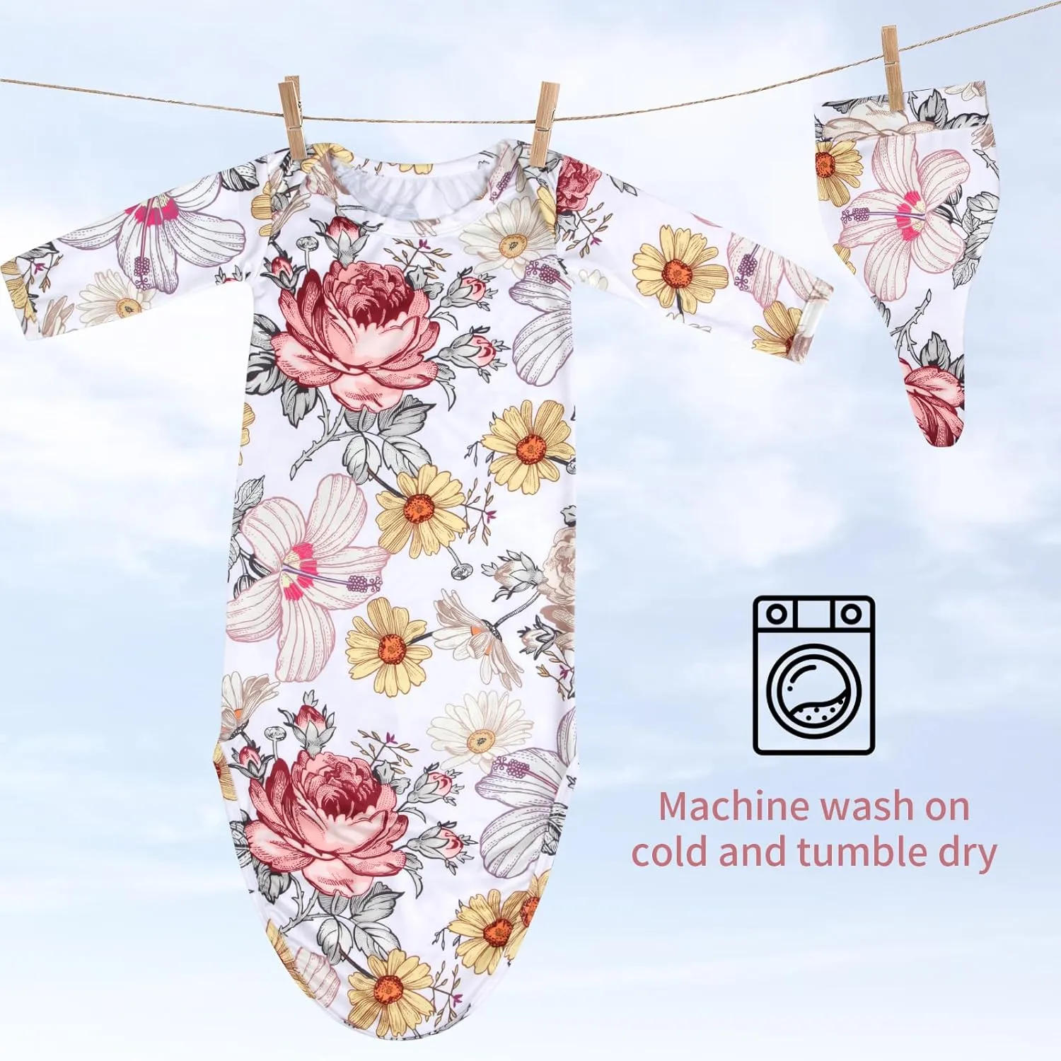 MVUOCR Newborn Baby Girl's Knotted Gowns Floral Baby Sleeper Infant Nightgowns Gift and Soft Coming Home Outfit with Hat