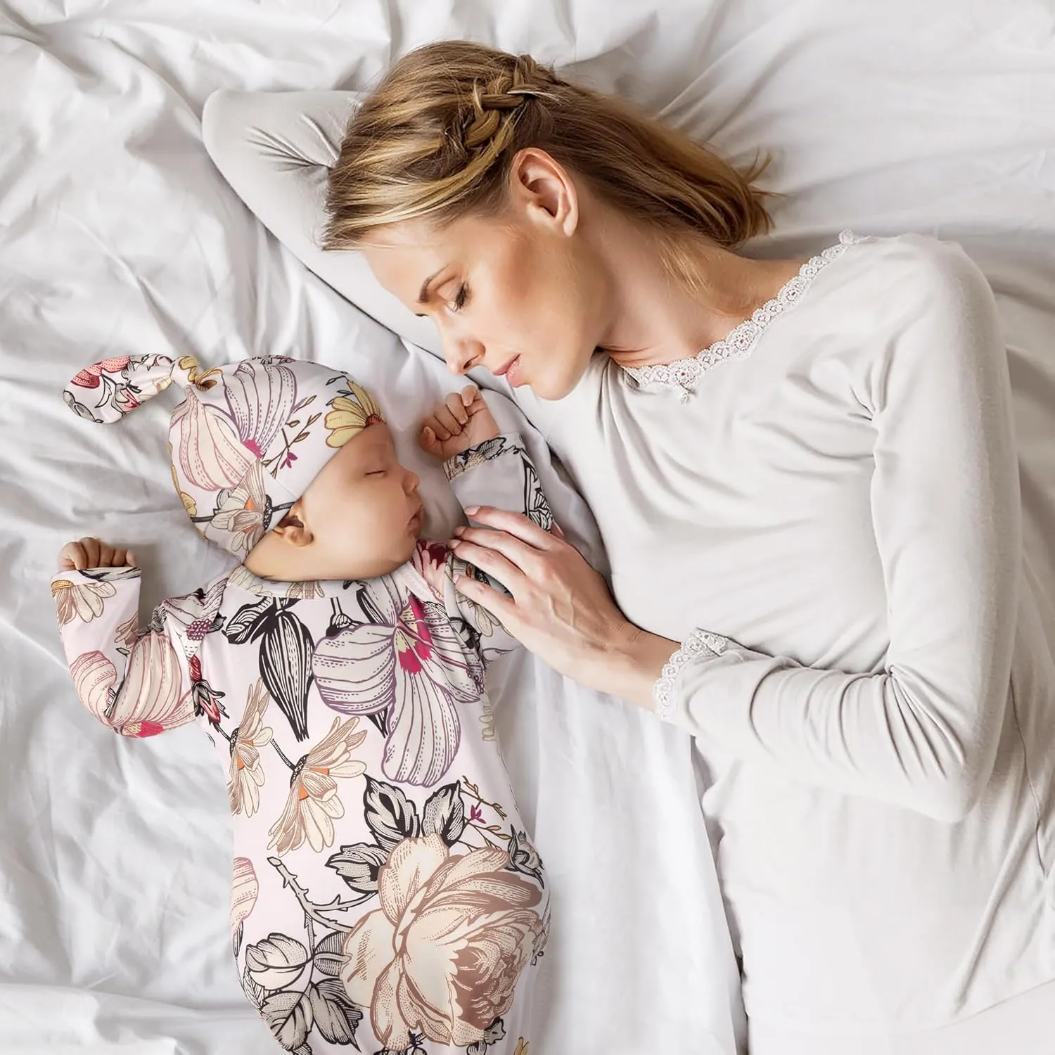 MVUOCR Newborn Baby Girl's Knotted Gowns Floral Baby Sleeper Infant Nightgowns Gift and Soft Coming Home Outfit with Hat