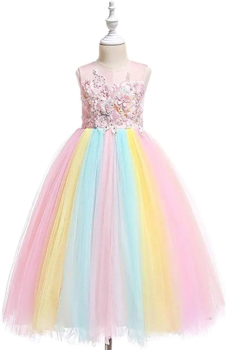 MYRISAM Girl's Unicorn Rainbow Long Tulle Dress Wedding Birthday Princess Carnival Party Performance Dance Pageant Ball Gowns