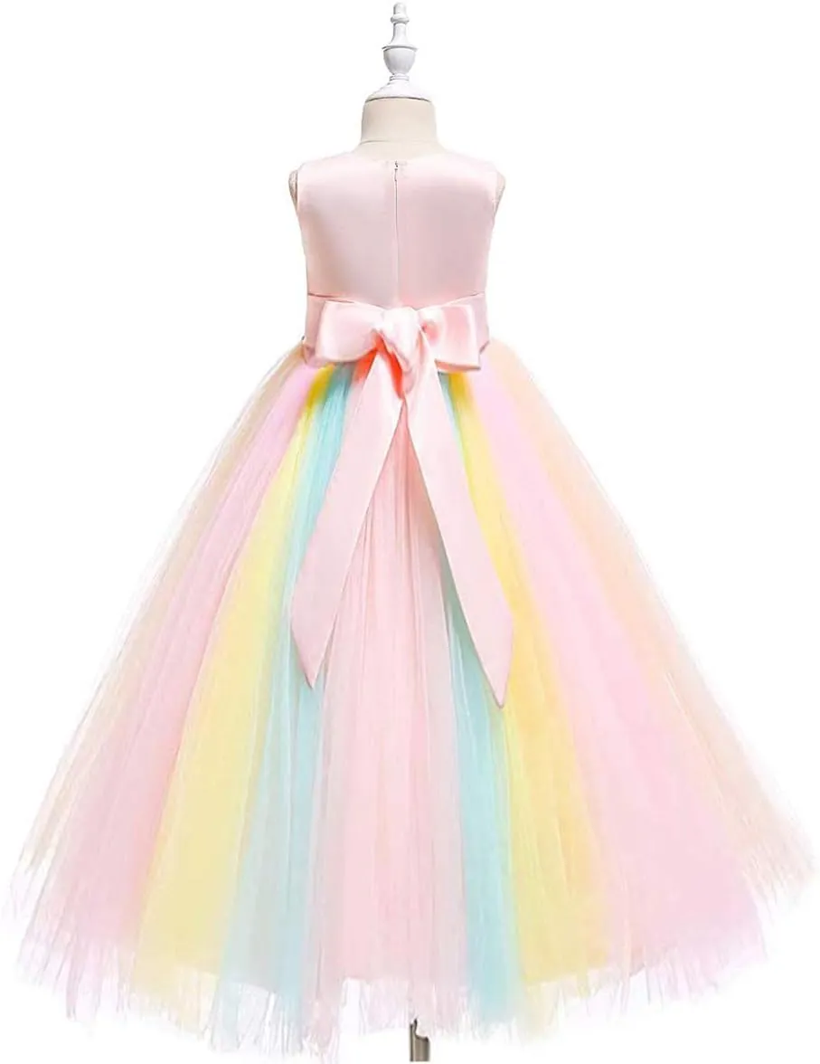 MYRISAM Girl's Unicorn Rainbow Long Tulle Dress Wedding Birthday Princess Carnival Party Performance Dance Pageant Ball Gowns