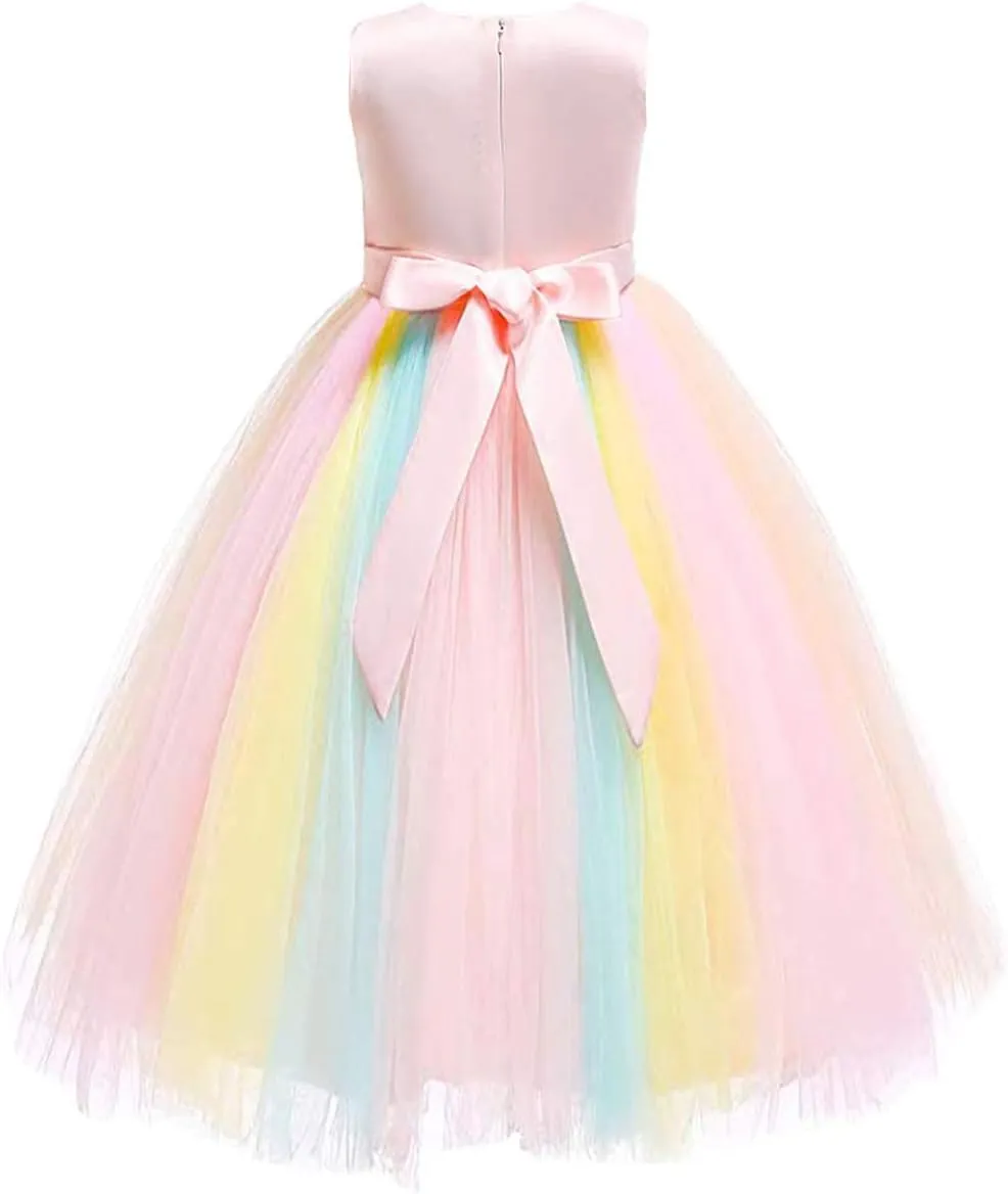 MYRISAM Girl's Unicorn Rainbow Long Tulle Dress Wedding Birthday Princess Carnival Party Performance Dance Pageant Ball Gowns