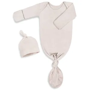 Newborn Knotted Baby Gown 0-6 Months, Super Soft Breathable Nightgowns for Babies Girl and Boy, Baby Girls Coming Home Hospital Outfit with Hat Set Oatmeal