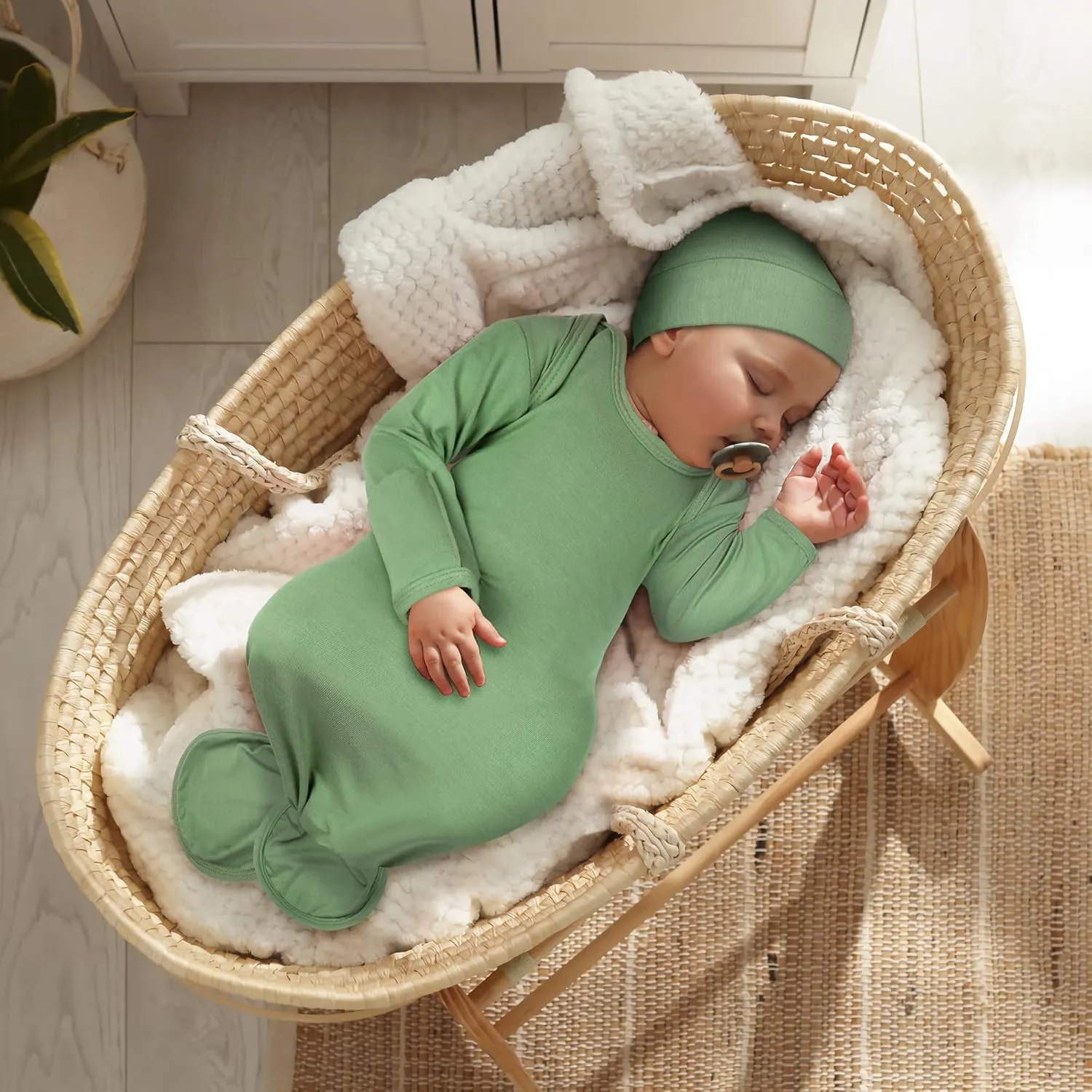Newborn Knotted Baby Gown 0-6 Months, Super Soft Breathable Nightgowns for Babies Girl and Boy, Baby Girls Coming Home Hospital Outfit with Hat Set Oatmeal
