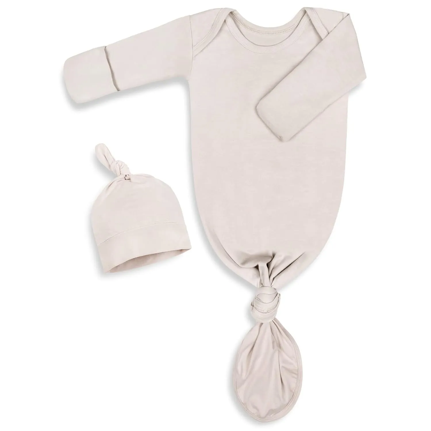 Newborn Knotted Baby Gown 0-6 Months, Super Soft Breathable Nightgowns for Babies Girl and Boy, Baby Girls Coming Home Hospital Outfit with Hat Set Oatmeal