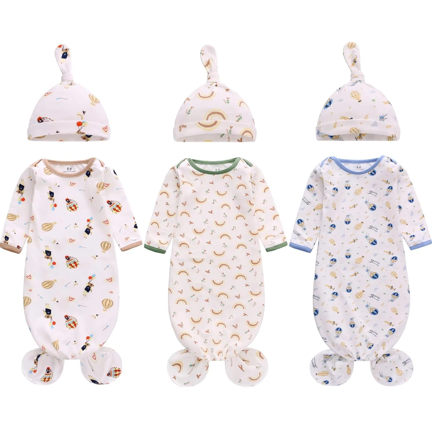 Newborn Knotted Nightgown Long Sleeve with Matching Hat Set 3 Pack, Cotton Baby Sleeper Gowns Sleeping Bags Home Outfits Set with Mitten Cuffs for Boys Girls (Balloon   Rainbow   Bear, 6-12 Months)