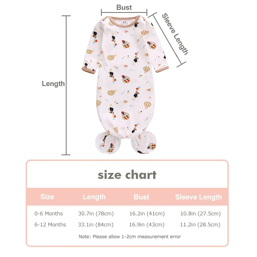 Newborn Knotted Nightgown Long Sleeve with Matching Hat Set 3 Pack, Cotton Baby Sleeper Gowns Sleeping Bags Home Outfits Set with Mitten Cuffs for Boys Girls (Balloon   Rainbow   Bear, 6-12 Months)