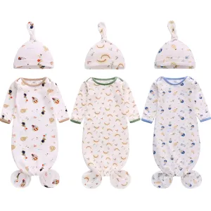 Newborn Knotted Nightgown Long Sleeve with Matching Hat Set 3 Pack, Cotton Baby Sleeper Gowns Sleeping Bags Home Outfits Set with Mitten Cuffs for Boys Girls (Balloon   Rainbow   Bear, 6-12 Months)