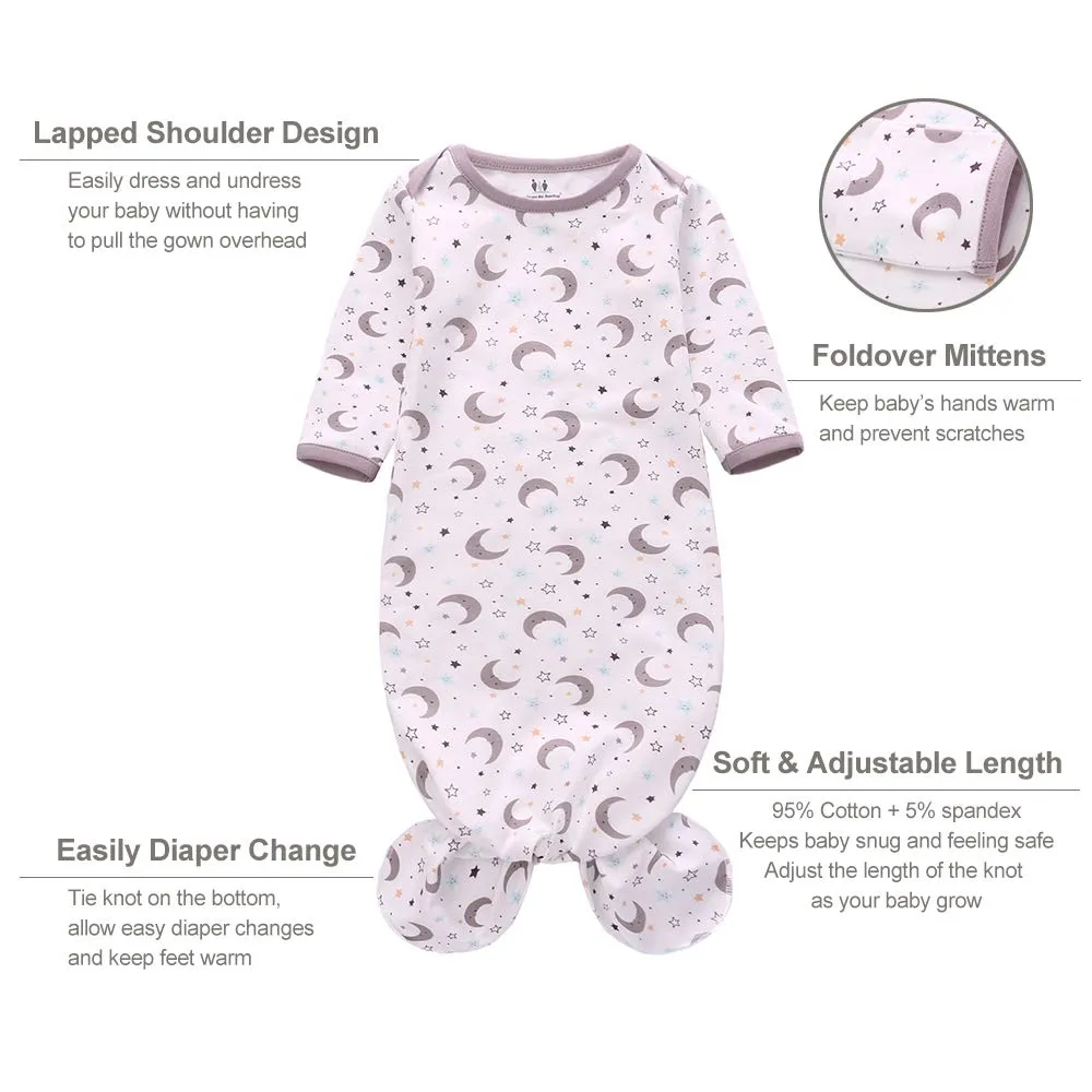 Newborn Knotted Nightgown Long Sleeve with Matching Hat Set 3 Pack, Cotton Baby Sleeper Gowns Sleeping Bags Home Outfits Set with Mitten Cuffs for Boys Girls (Balloon   Rainbow   Bear, 6-12 Months)