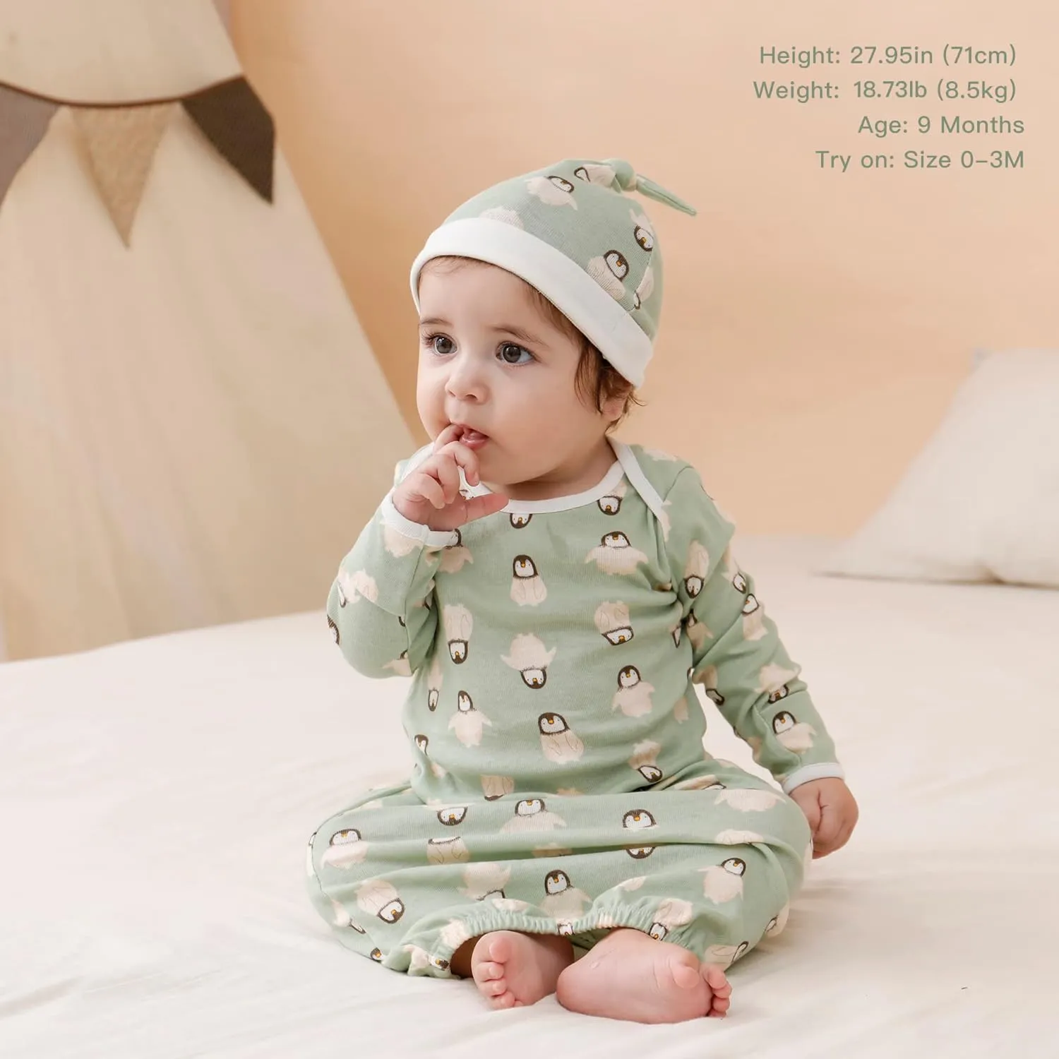 Newborn Unisex Baby Boys Girls Cotton Sleeper Gown Nightgown Sleepsuits with Hats, 0-3/0-6 Months