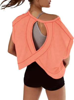 Open Back Tops for Women Oversized Short Sleeve Workout T Shirts Backless Y2k Athletic Crop Running Tees