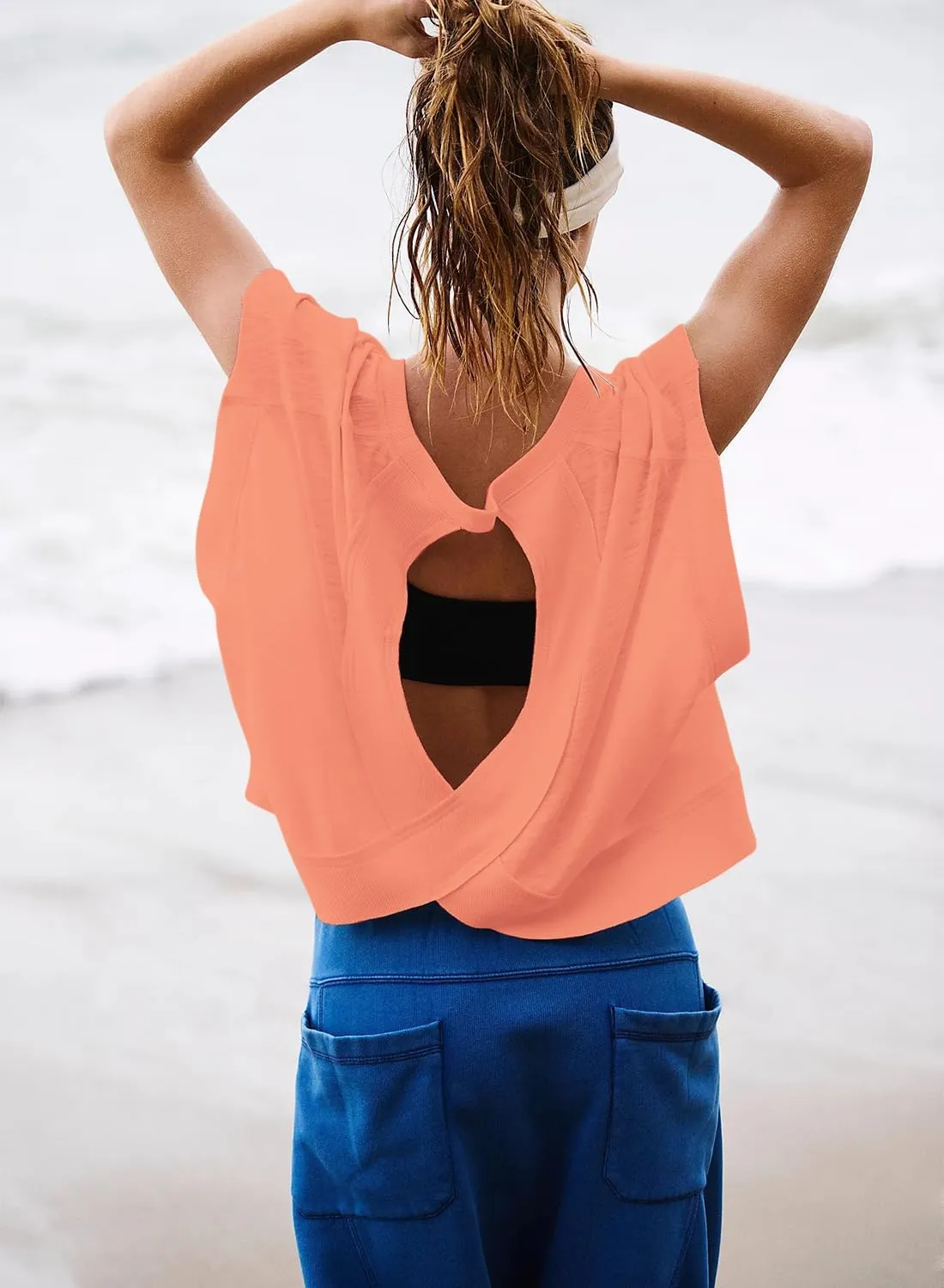 Open Back Tops for Women Oversized Short Sleeve Workout T Shirts Backless Y2k Athletic Crop Running Tees