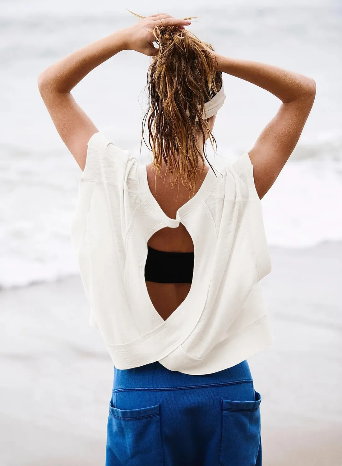 Open Back Tops for Women Oversized Short Sleeve Workout T Shirts Backless Y2k Athletic Crop Running Tees