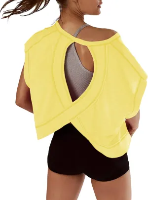 Open Back Tops for Women Oversized Short Sleeve Workout T Shirts Backless Y2k Athletic Crop Running Tees
