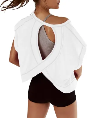 Open Back Tops for Women Oversized Short Sleeve Workout T Shirts Backless Y2k Athletic Crop Running Tees