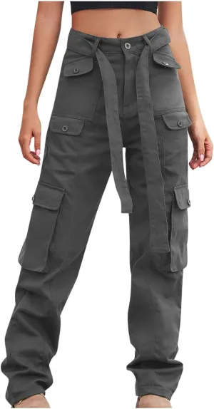 Outdoor Cargo Jeans Women's Relax Fit Casual Straight Leg Cargo Pants High Waisted Military Pockets Work Trouser