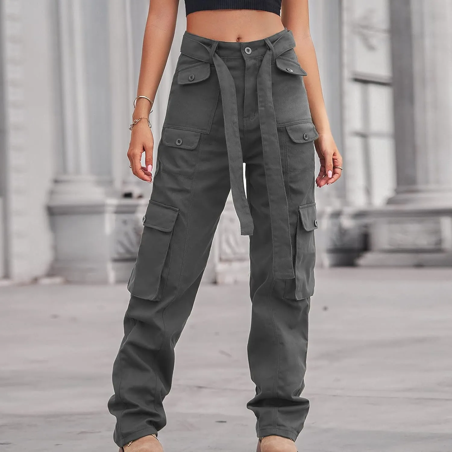 Outdoor Cargo Jeans Women's Relax Fit Casual Straight Leg Cargo Pants High Waisted Military Pockets Work Trouser