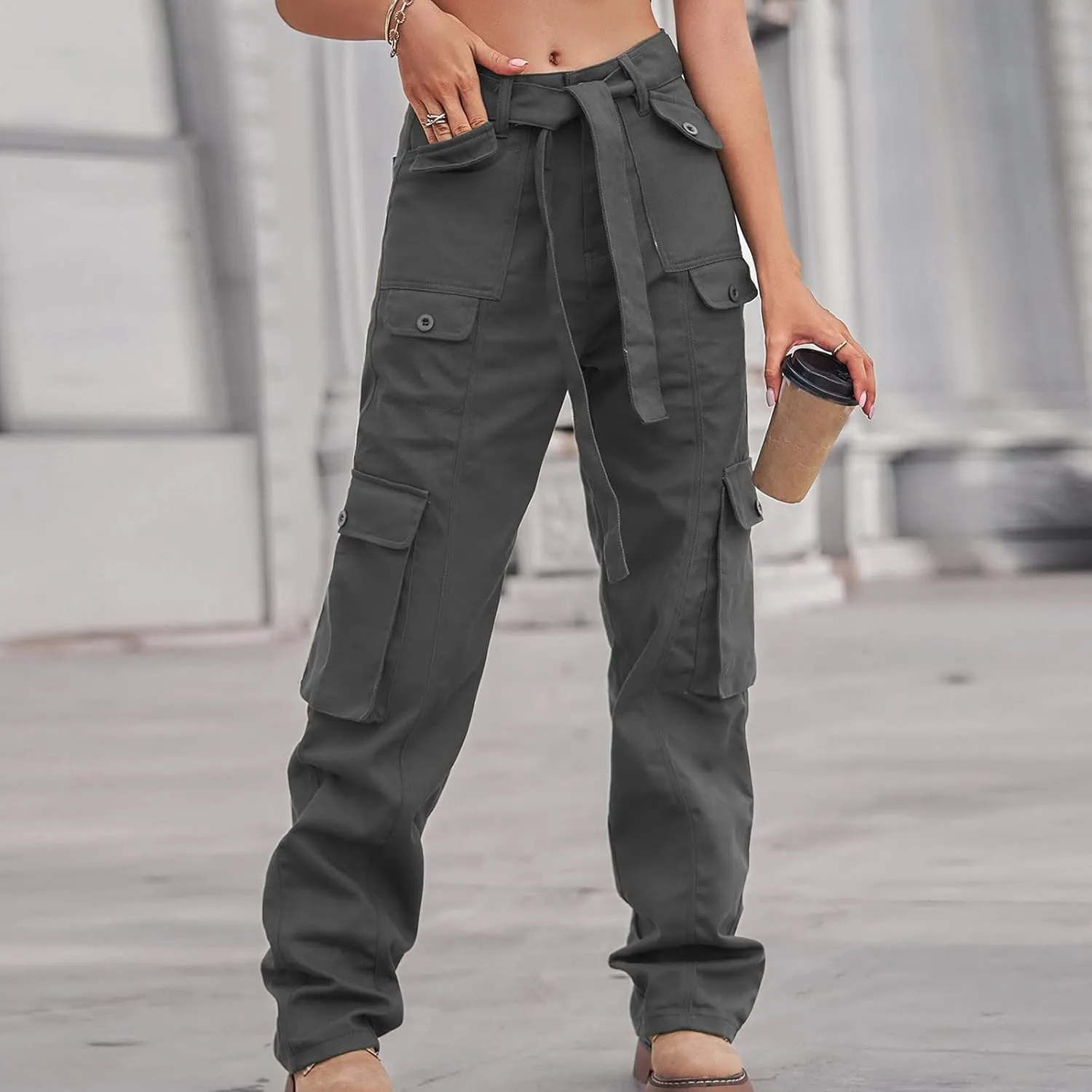 Outdoor Cargo Jeans Women's Relax Fit Casual Straight Leg Cargo Pants High Waisted Military Pockets Work Trouser