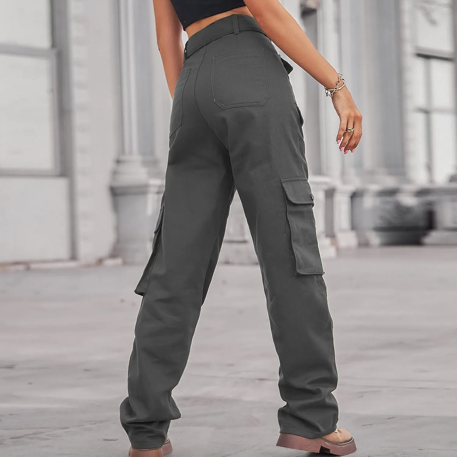 Outdoor Cargo Jeans Women's Relax Fit Casual Straight Leg Cargo Pants High Waisted Military Pockets Work Trouser