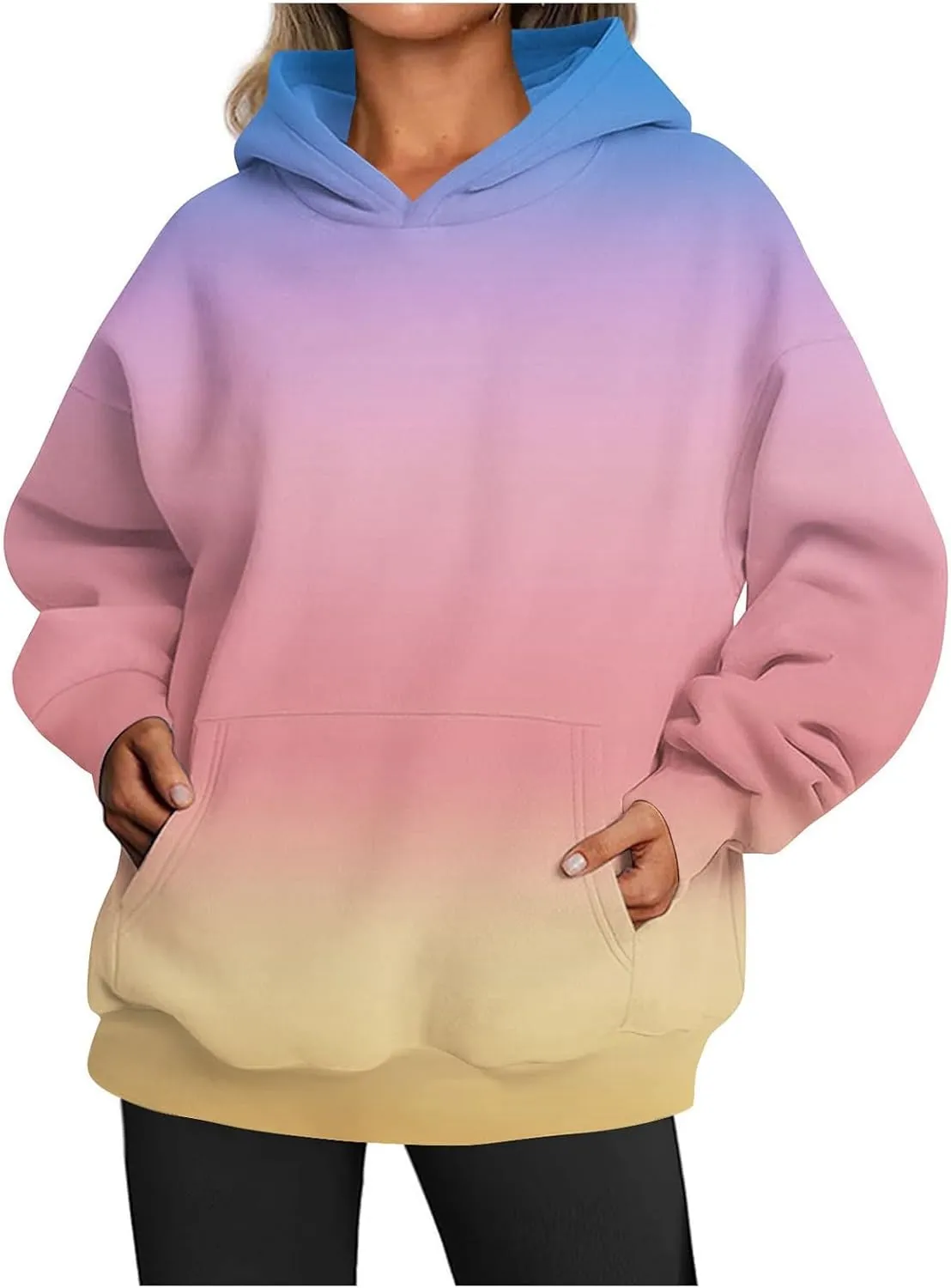 Oversized Tie Dye Hoodies for Women Plus Size | Drawstring Drop Shoulder Sweatshirt with Pocket | Light Yellow Preppy Pullover(Light Yellow_Large)