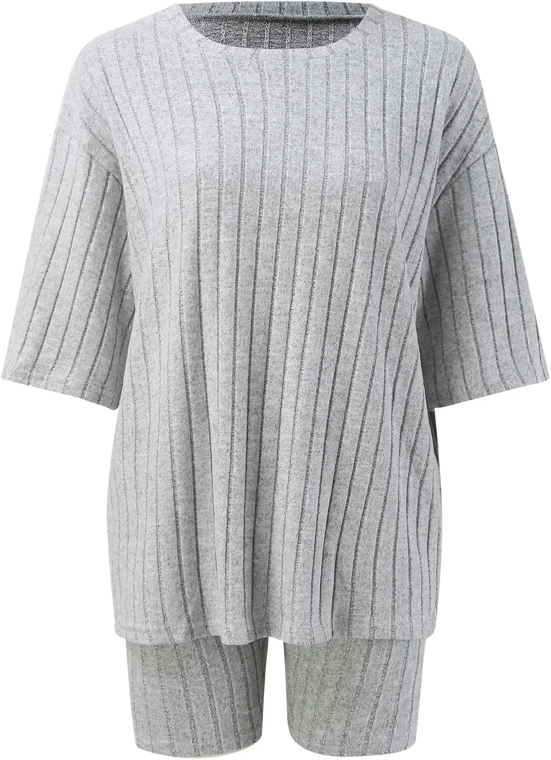 Pajamas 2 Piece Lounge Sets Ribbed Knit Matching Outfits T-Shirt Biker Shorts Sleepwear Loungewear Sweatsuits