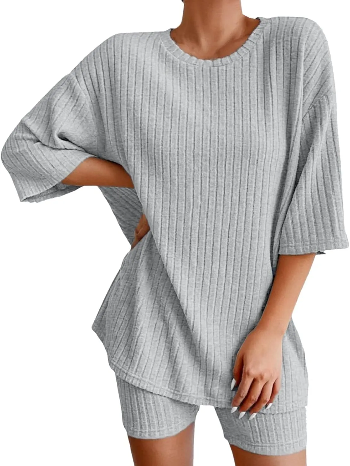 Pajamas 2 Piece Lounge Sets Ribbed Knit Matching Outfits T-Shirt Biker Shorts Sleepwear Loungewear Sweatsuits