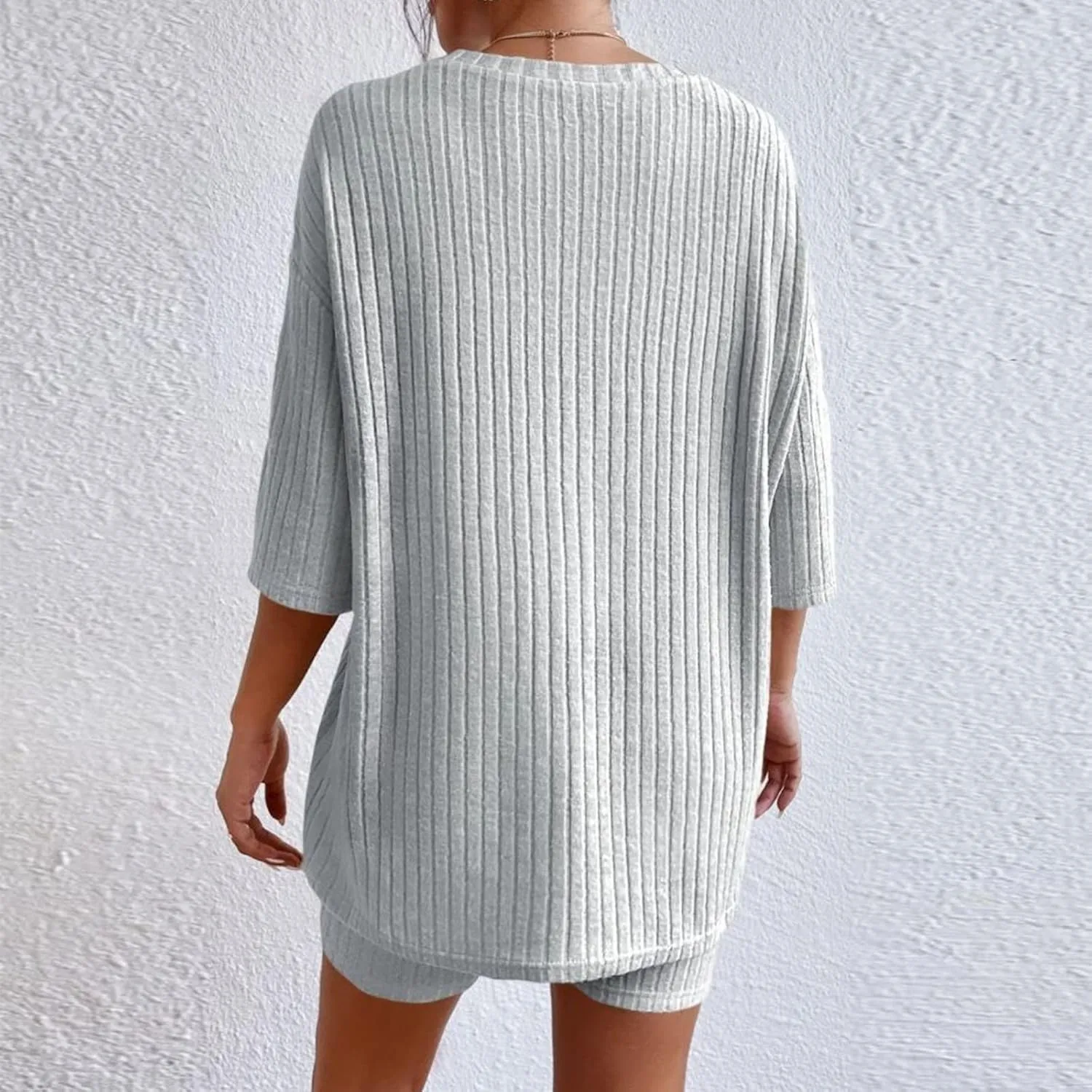 Pajamas 2 Piece Lounge Sets Ribbed Knit Matching Outfits T-Shirt Biker Shorts Sleepwear Loungewear Sweatsuits