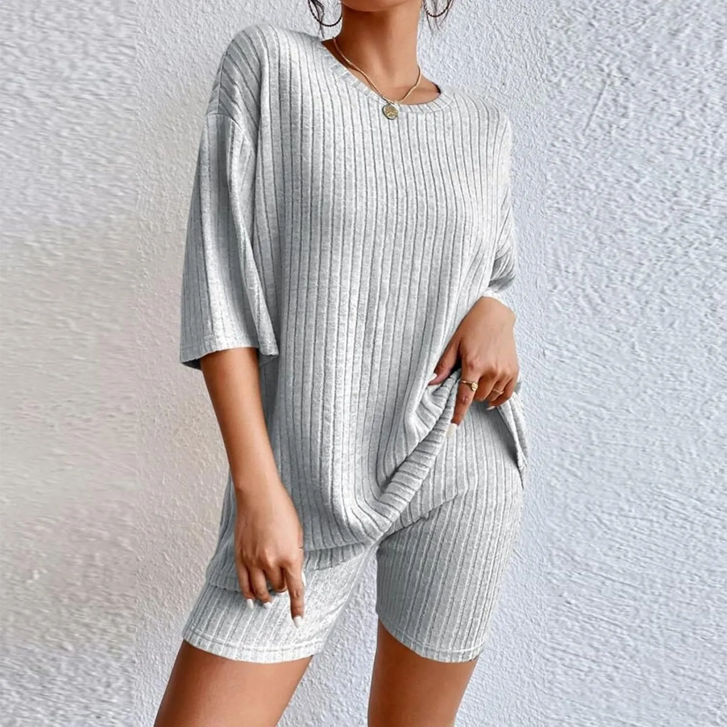 Pajamas 2 Piece Lounge Sets Ribbed Knit Matching Outfits T-Shirt Biker Shorts Sleepwear Loungewear Sweatsuits