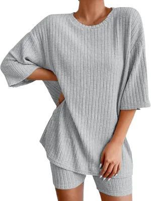 Pajamas 2 Piece Lounge Sets Ribbed Knit Matching Outfits T-Shirt Biker Shorts Sleepwear Loungewear Sweatsuits