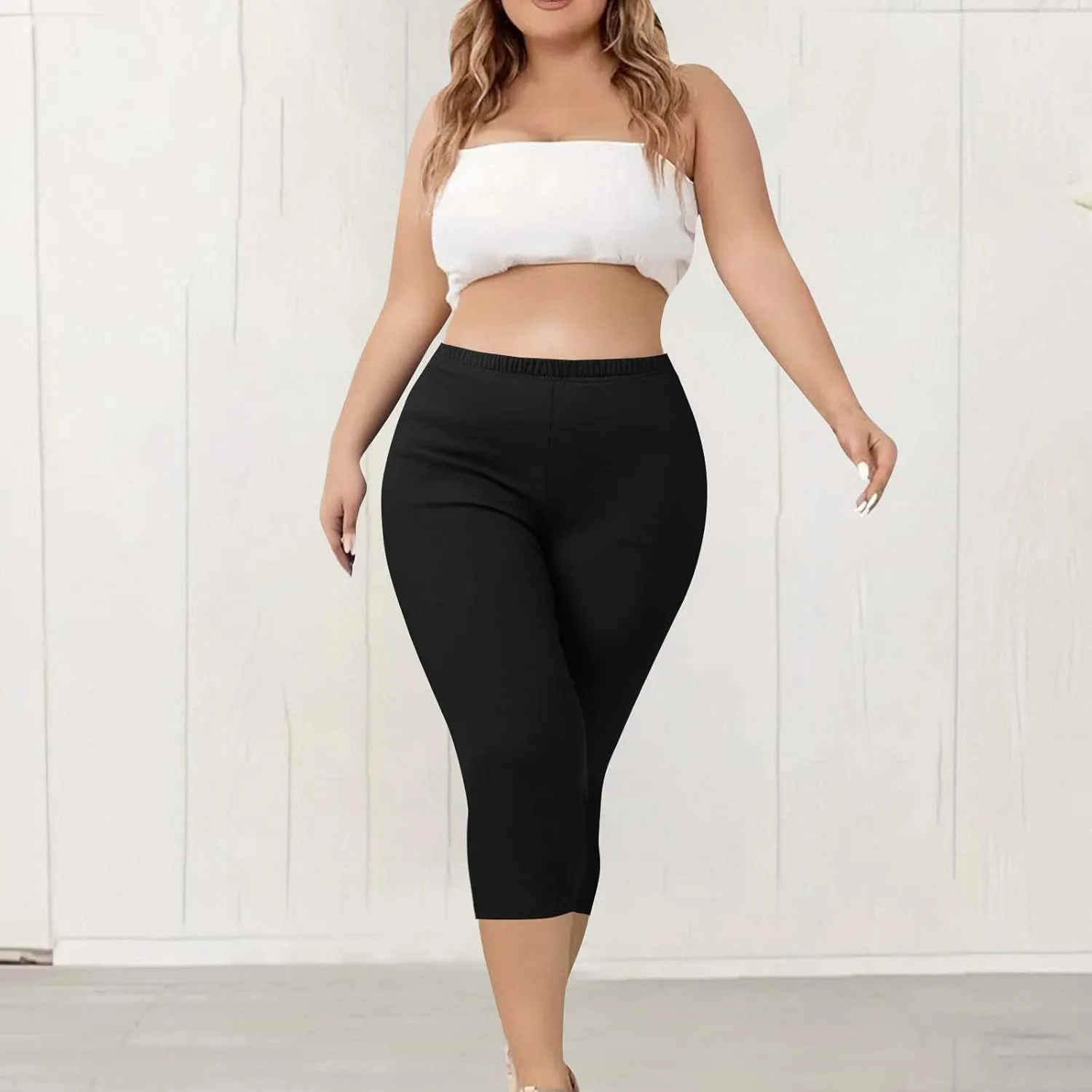 Plus Size Capri Pants for Women Pull-On Stretchy Elastic Waist Leggings Casual Yoga Workout Running Cropped Pants