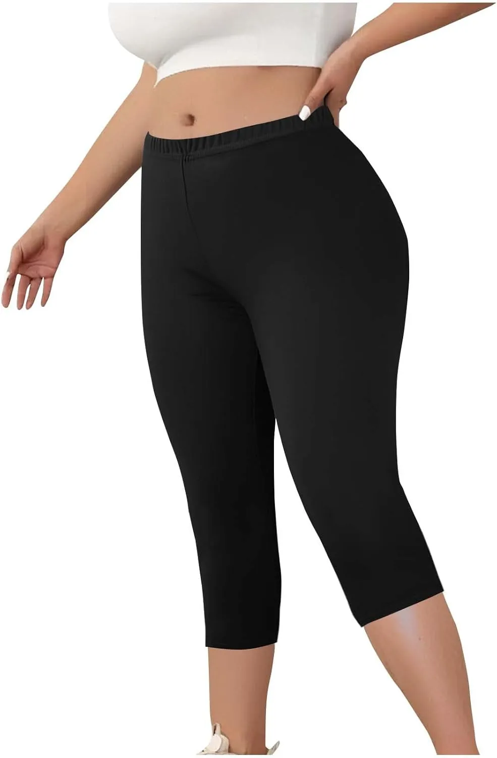Plus Size Capri Pants for Women Pull-On Stretchy Elastic Waist Leggings Casual Yoga Workout Running Cropped Pants