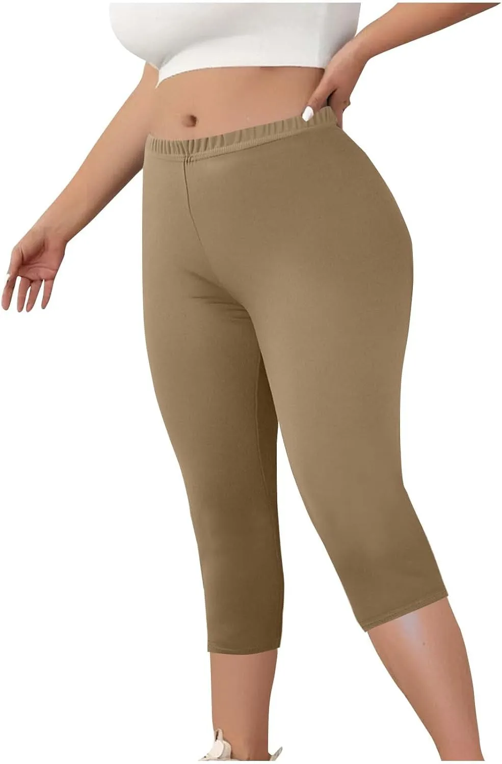 Plus Size Capri Pants for Women Pull-On Stretchy Elastic Waist Leggings Casual Yoga Workout Running Cropped Pants