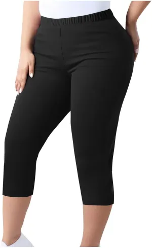 Plus Size Capri Pants for Women Pull-On Stretchy Elastic Waist Leggings Casual Yoga Workout Running Cropped Pants