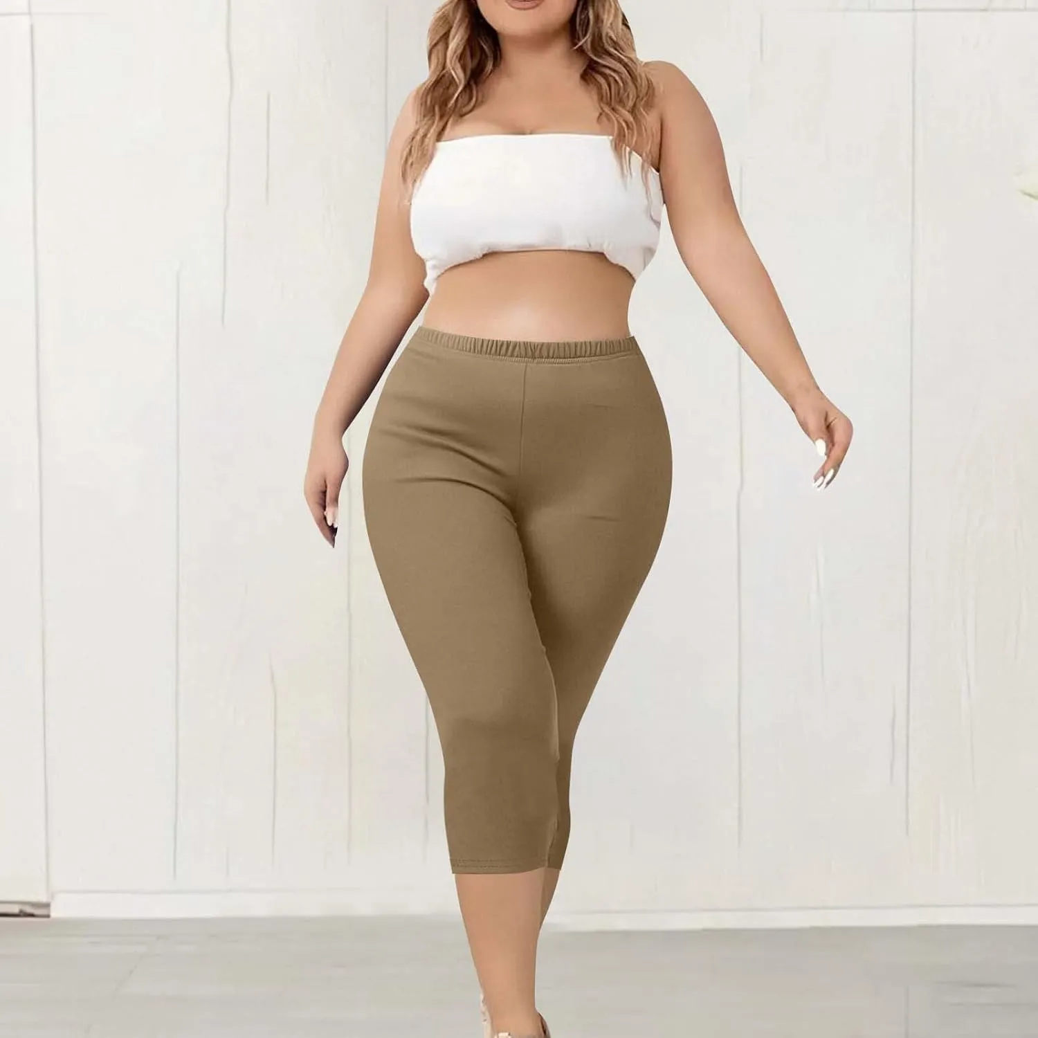 Plus Size Capri Pants for Women Pull-On Stretchy Elastic Waist Leggings Casual Yoga Workout Running Cropped Pants
