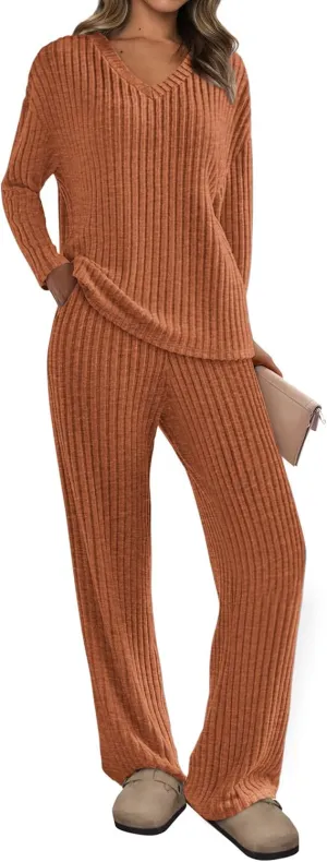 PRETTYGARDEN Women's 2 Piece Lounge Sets Ribbed Knit Long Sleeve V Neck Pullover Tops Wide Leg Pants Spring Fall Outfits