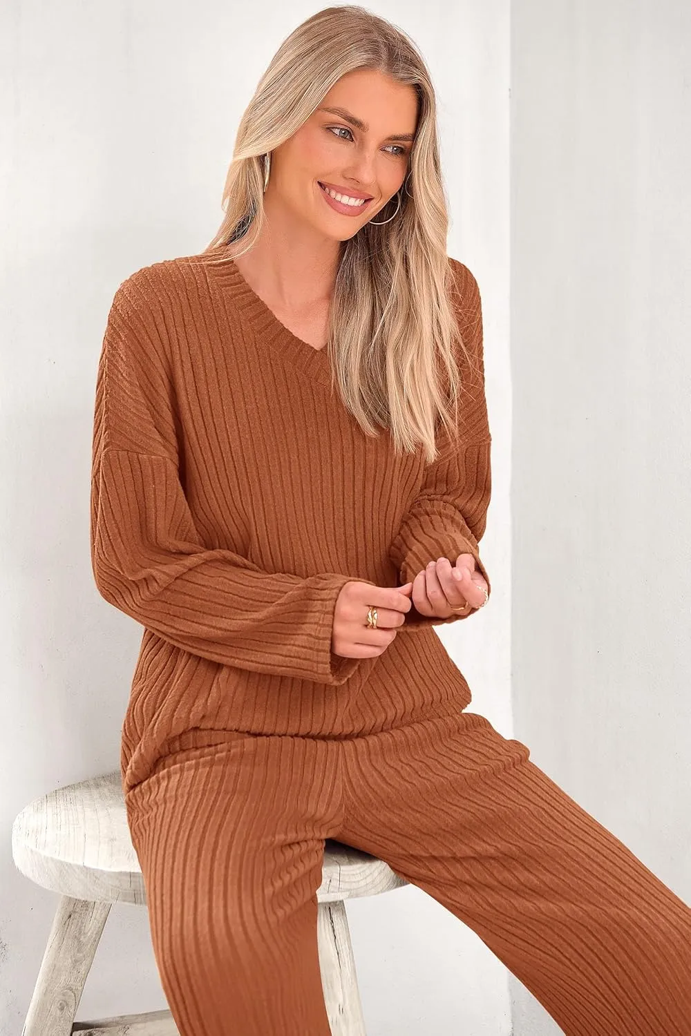 PRETTYGARDEN Women's 2 Piece Lounge Sets Ribbed Knit Long Sleeve V Neck Pullover Tops Wide Leg Pants Spring Fall Outfits