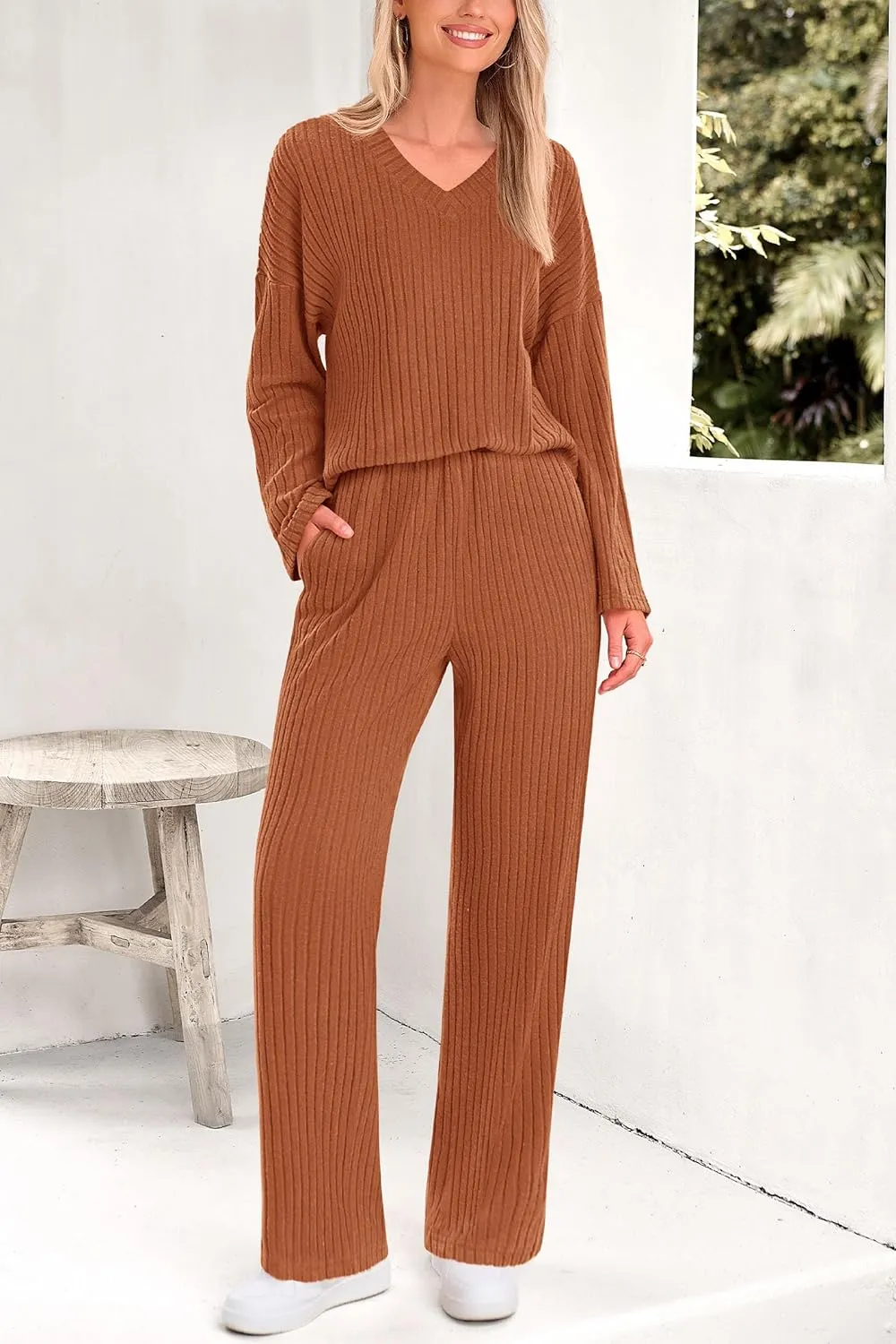 PRETTYGARDEN Women's 2 Piece Lounge Sets Ribbed Knit Long Sleeve V Neck Pullover Tops Wide Leg Pants Spring Fall Outfits