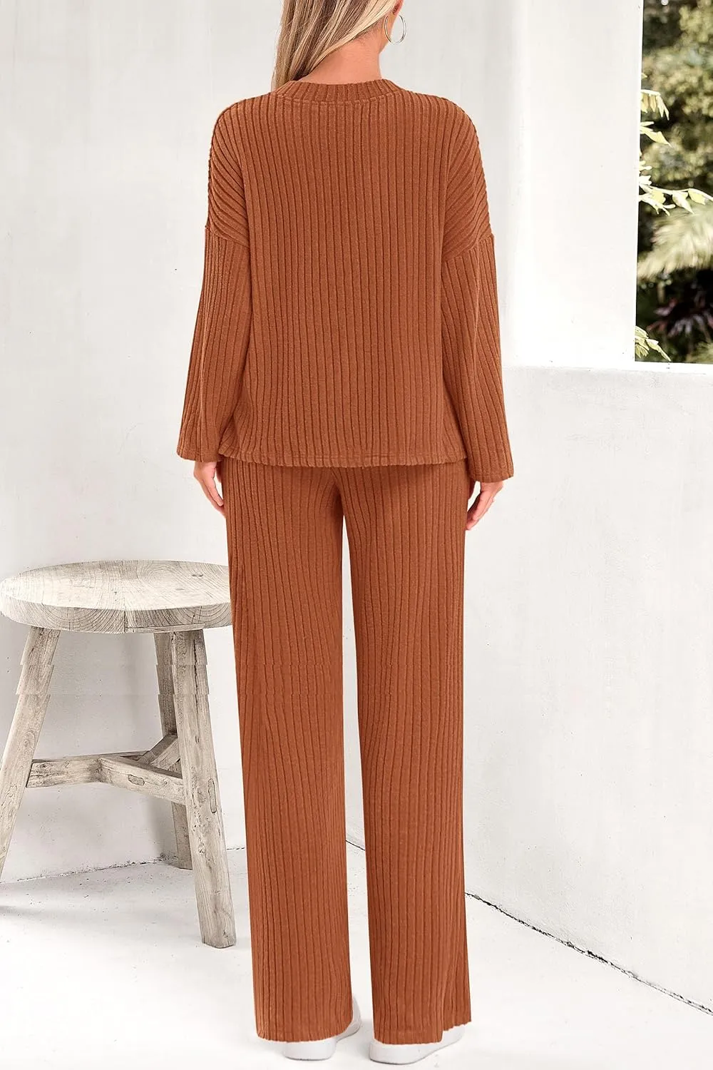 PRETTYGARDEN Women's 2 Piece Lounge Sets Ribbed Knit Long Sleeve V Neck Pullover Tops Wide Leg Pants Spring Fall Outfits