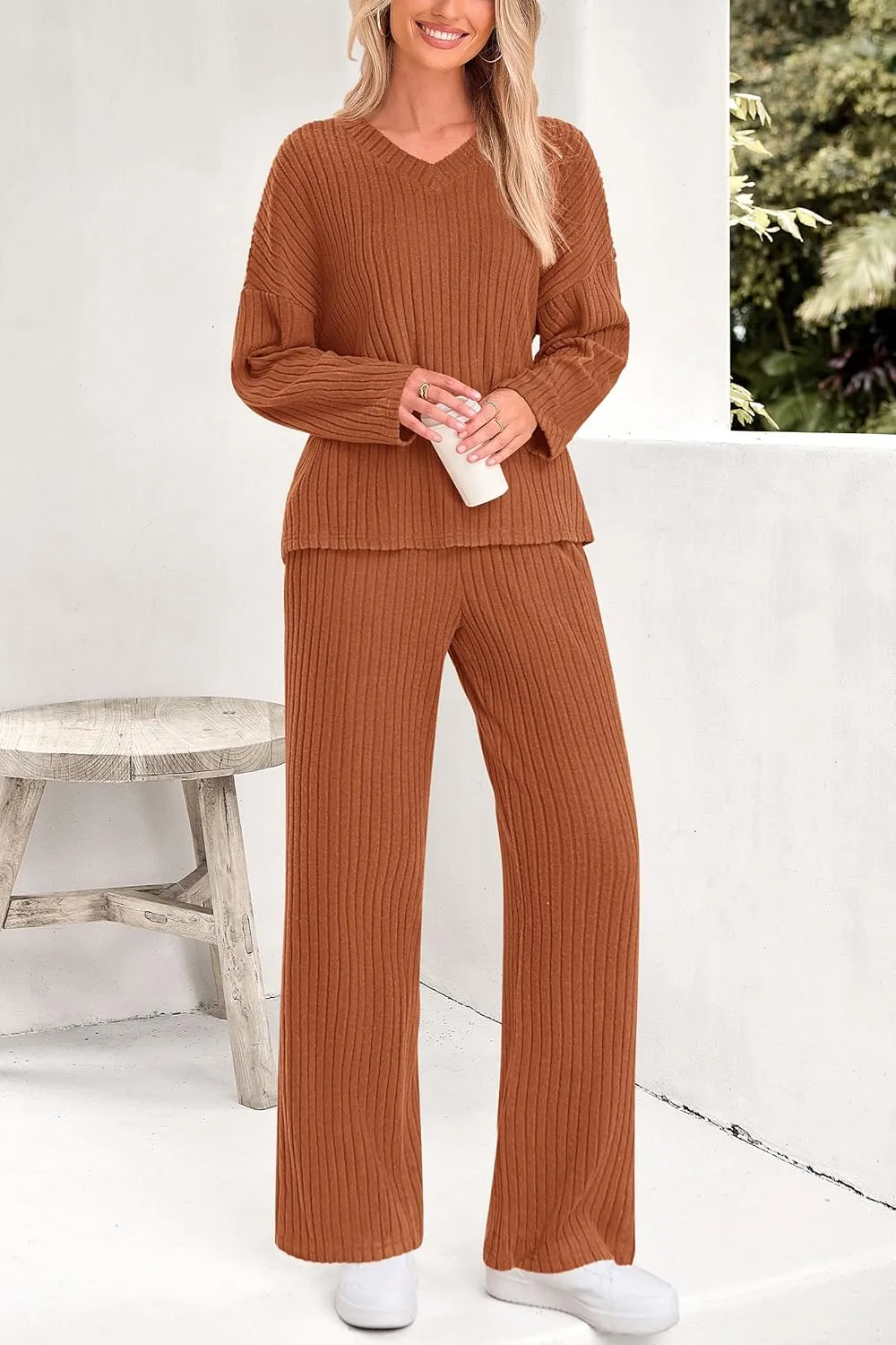 PRETTYGARDEN Women's 2 Piece Lounge Sets Ribbed Knit Long Sleeve V Neck Pullover Tops Wide Leg Pants Spring Fall Outfits
