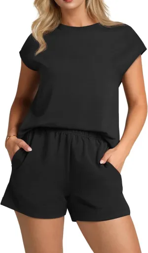 PrinStory 2 Piece Lounge Sets for Women Summer Outfits Short Sleeve Womens Short Sets Casual Matching Set