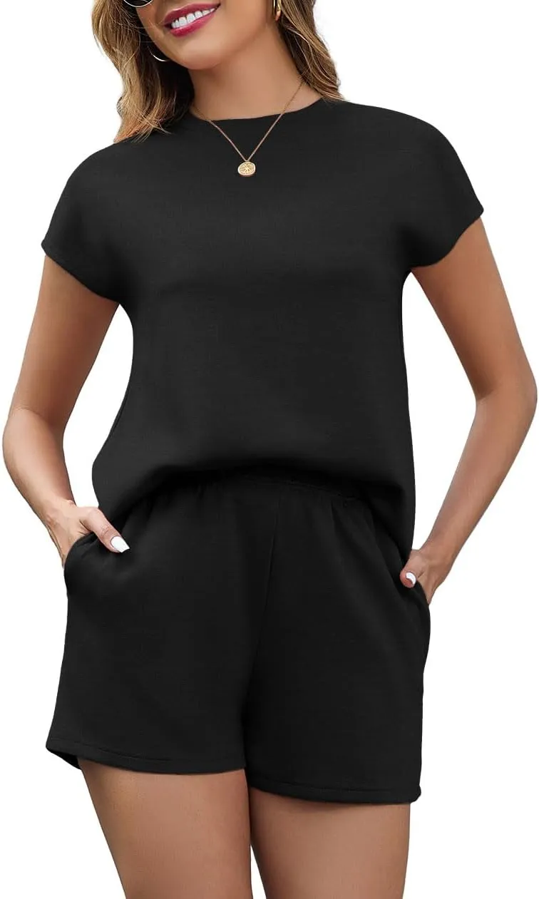 PrinStory 2 Piece Lounge Sets for Women Summer Outfits Short Sleeve Womens Short Sets Casual Matching Set