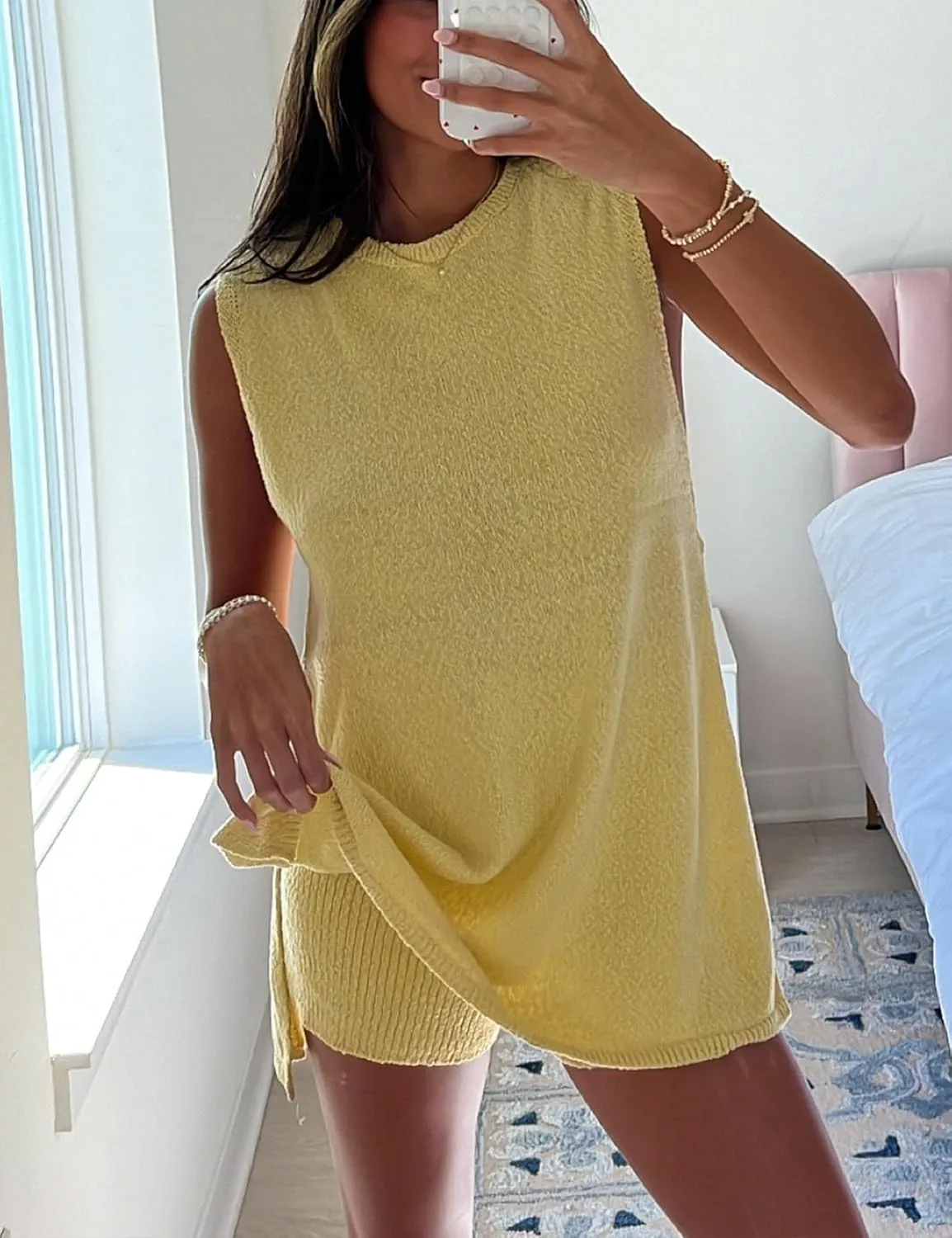 QIBABU Womens Knit Pajamas Sets 2 Piece Outfits Casual Sleeveless Sweater Tank Top Shorts Loungewear Lounge Sets