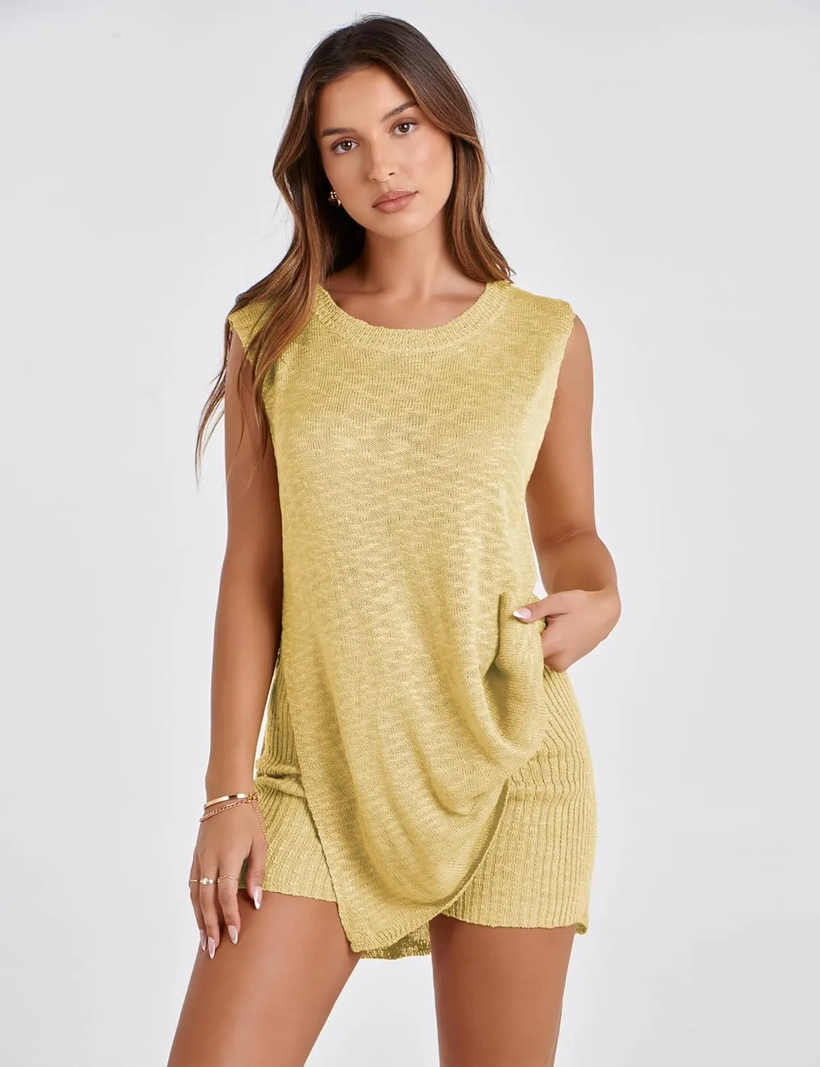 QIBABU Womens Knit Pajamas Sets 2 Piece Outfits Casual Sleeveless Sweater Tank Top Shorts Loungewear Lounge Sets