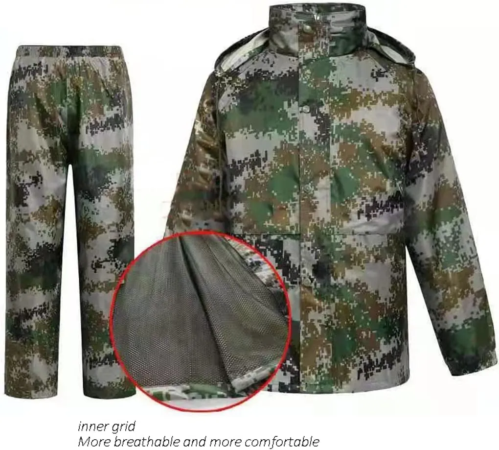 Rain Gear Jacket & Trouser Suit Outdoor Waterproof Breathable Unisex Camo Raincoat for Hiking Travel Fishing Cycling