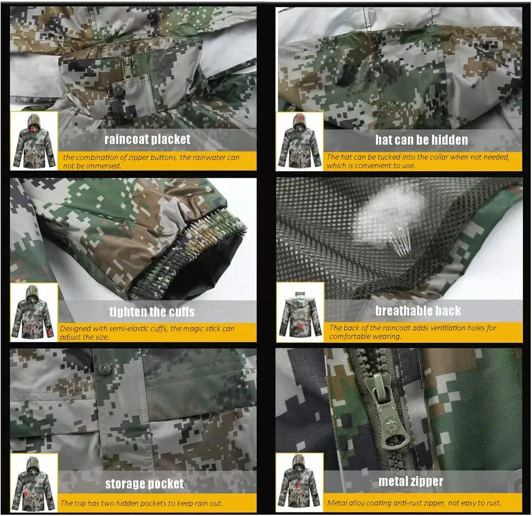 Rain Gear Jacket & Trouser Suit Outdoor Waterproof Breathable Unisex Camo Raincoat for Hiking Travel Fishing Cycling
