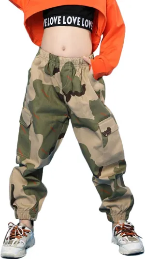 Rolanko Girls Cargo Pants for Kids Loose Streetwear Hip Hop Dance Cotton Cargo Jogger Pants for Kids 4-15 Years