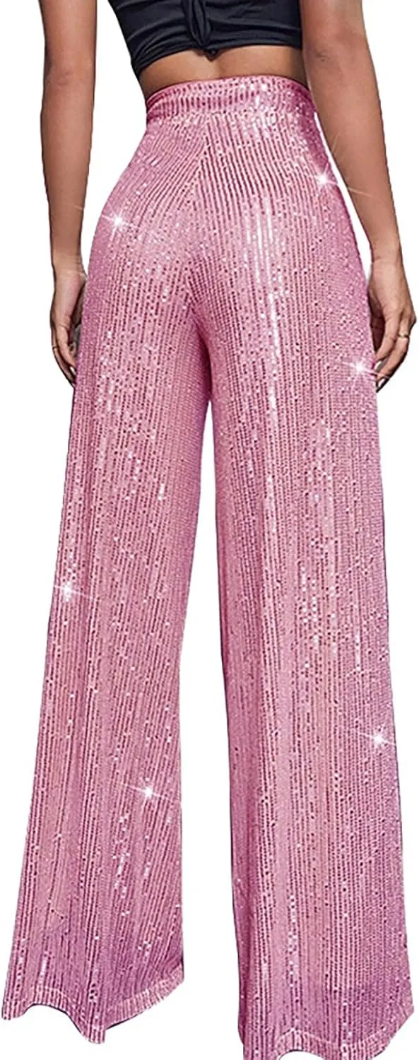 Sequin Pants Women Fashion High Waist Pant Sparkly Wide Leg Trousers Elastic Loose Side Zipper Shiny Pants
