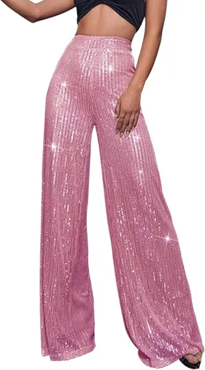 Sequin Pants Women Fashion High Waist Pant Sparkly Wide Leg Trousers Elastic Loose Side Zipper Shiny Pants