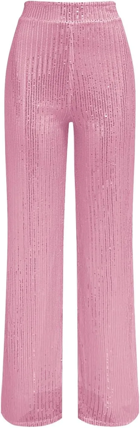 Sequin Pants Women Fashion High Waist Pant Sparkly Wide Leg Trousers Elastic Loose Side Zipper Shiny Pants