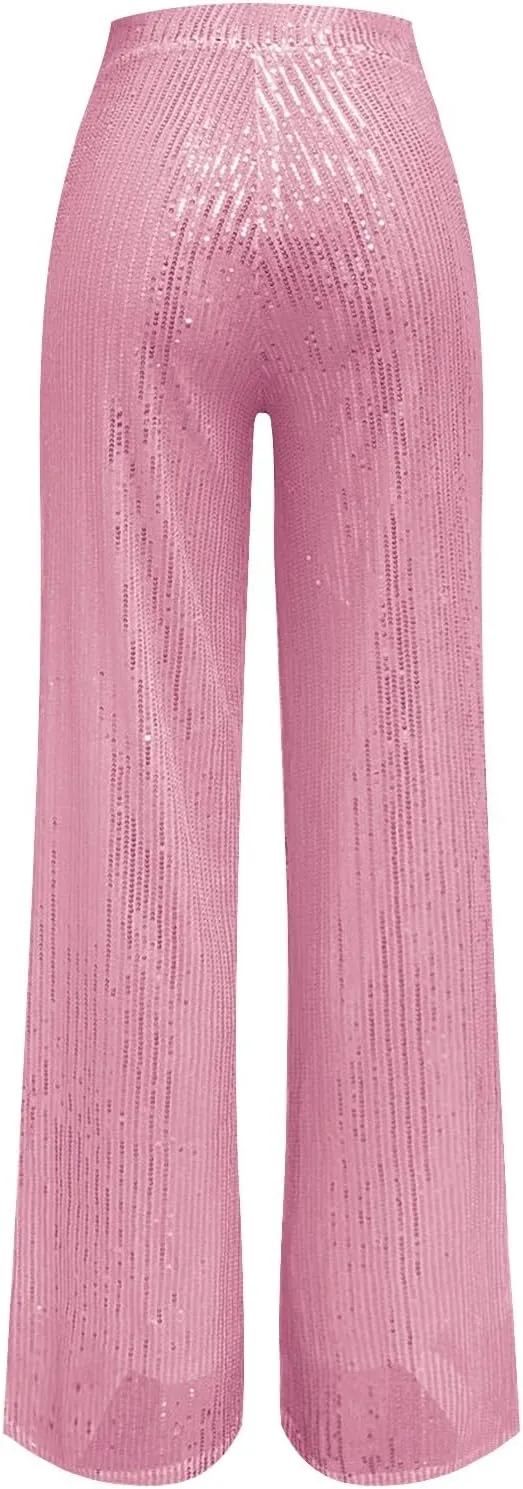Sequin Pants Women Fashion High Waist Pant Sparkly Wide Leg Trousers Elastic Loose Side Zipper Shiny Pants